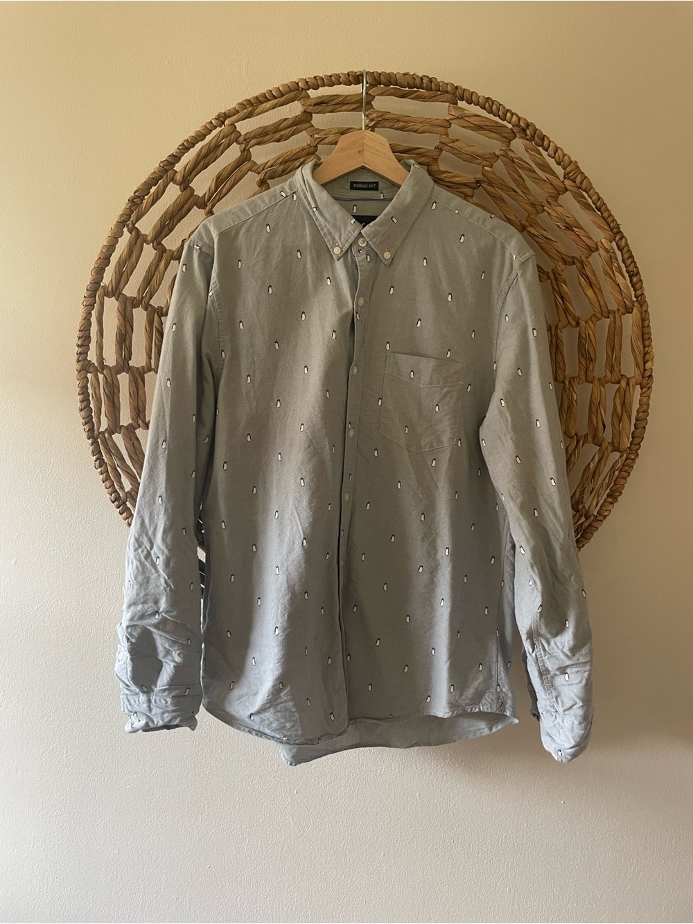 American Eagle Outfitters Light Gray Button-Down Shirt with Penguin Pattern